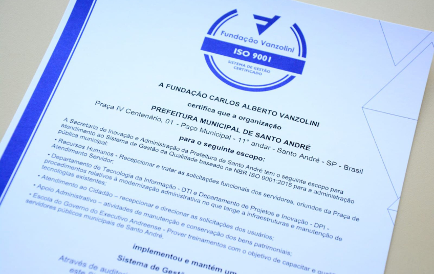 Secretaria de Inovação e Administração de Santo André conquista ISO 9001